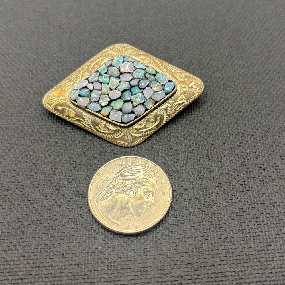 VTG Scandia Mosaic Raw Opal Diamond Shaped Brooch John Eisen Australia Silver - Picture 3 of 9